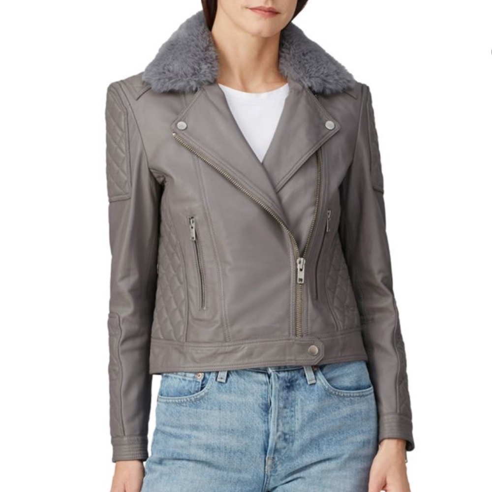 SAMANTHA SIPOS Gray Quilted Leather Biker Bomber Jacket Women’s Size L